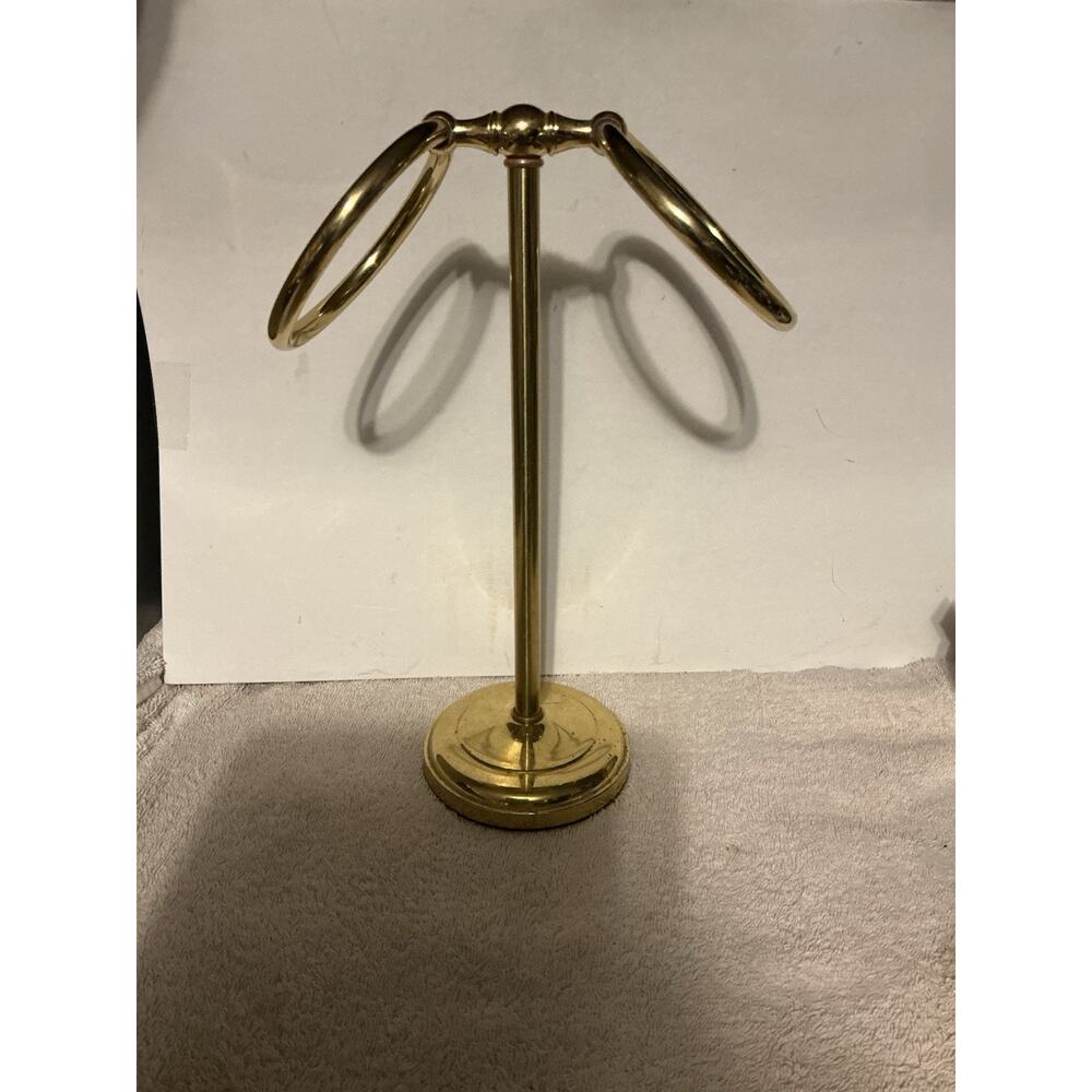 Vintage Brass Hand Towel Holder Stand Double Ring Bathroom Countertop MCM Gold - Picture 7 of 9